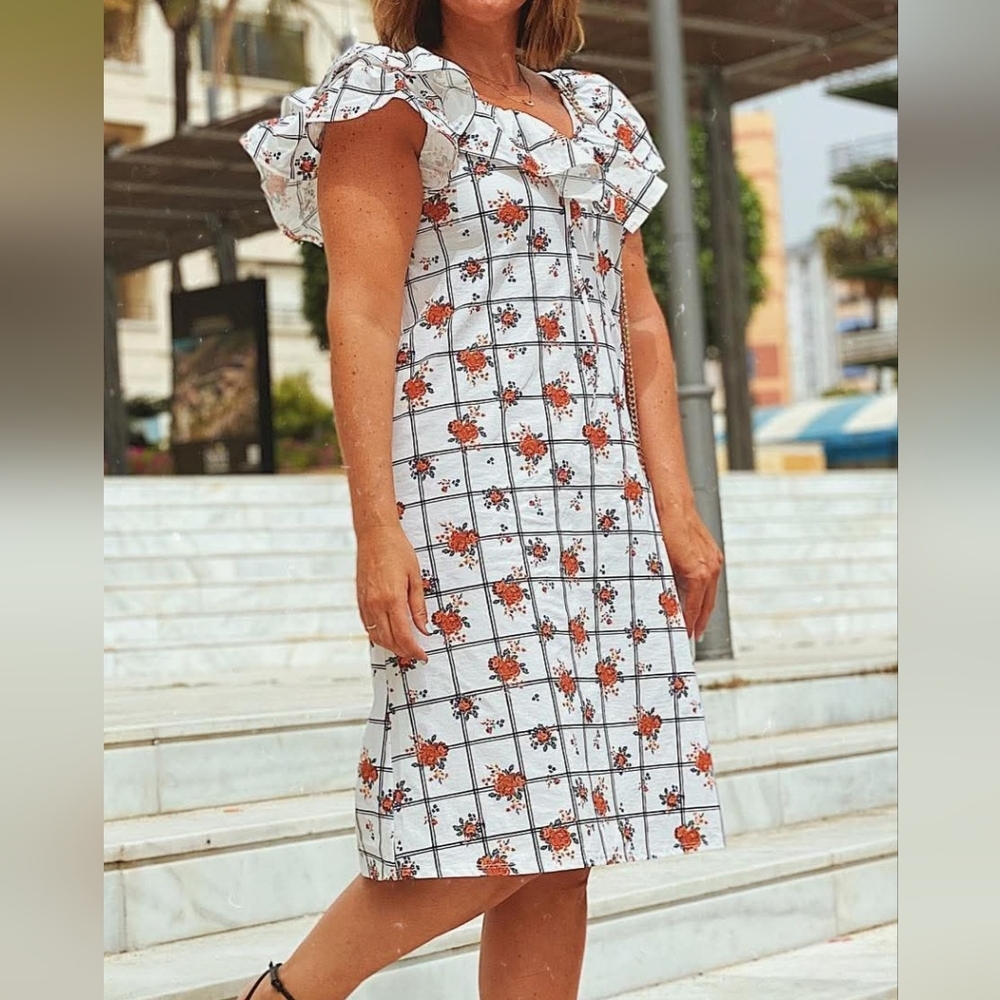 Zara Orange and White Off-the-Shoulder Flutter Sleeve Midi‎ Dress